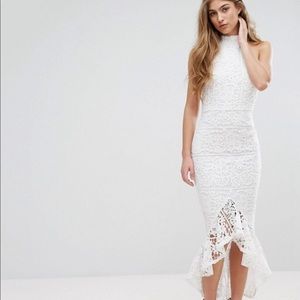 white lace fishtail midi dress